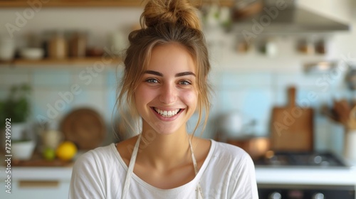 Beautiful young woman preparing breakfast in a white kitchen