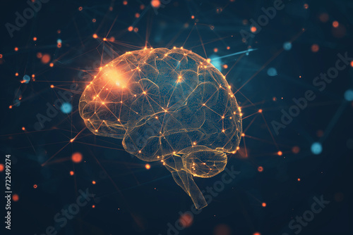 Particles connencted in the shape of human brain, network of connections, ai or brain-computer interface concept