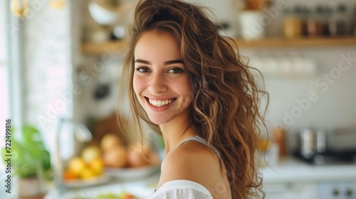 Beautiful young woman preparing breakfast in a white kitchen