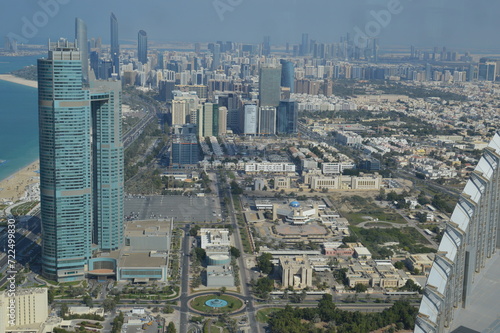 Bird's eye and aerial view of Abu Dhabi city from observation deck