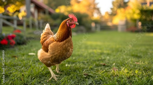 chicken walking on the grass in the yard of a classic American farm
