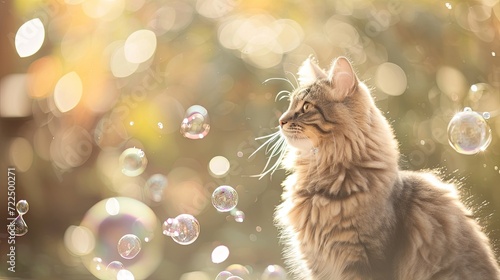 Happy cat pet catching soap bubble outside garden wallpaper background photo