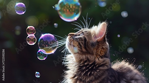 Happy cat pet catching soap bubble outside garden wallpaper background