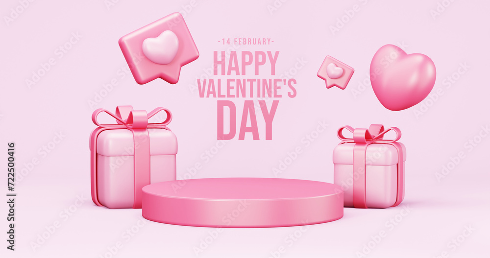 Valentine's Day interior, balloons. Stand, podium, background with product display and Heart. Love greeting card, poster with pink gift boxes, presents - 3d rendering Valentine's Day interior, balloons. Stand, podium, background with product display and Heart. Love greeting card, poster with pink gift boxes, presents - 3d rendering