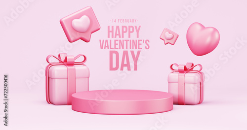 Valentine's Day interior, balloons. Stand, podium,  background with product display and Heart. Love greeting card, poster with pink gift boxes, presents - 3d rendering © Lookidea Stock