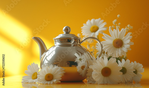 Teapot with flowers on yellow background