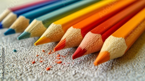 Colored pencils lie in a row on a bright minimalistic background
