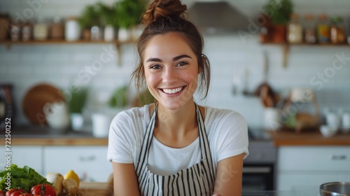 Beautiful young woman preparing breakfast in a white kitchen