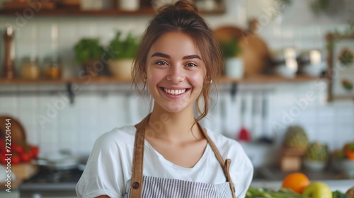 Beautiful young woman preparing breakfast in a white kitchen