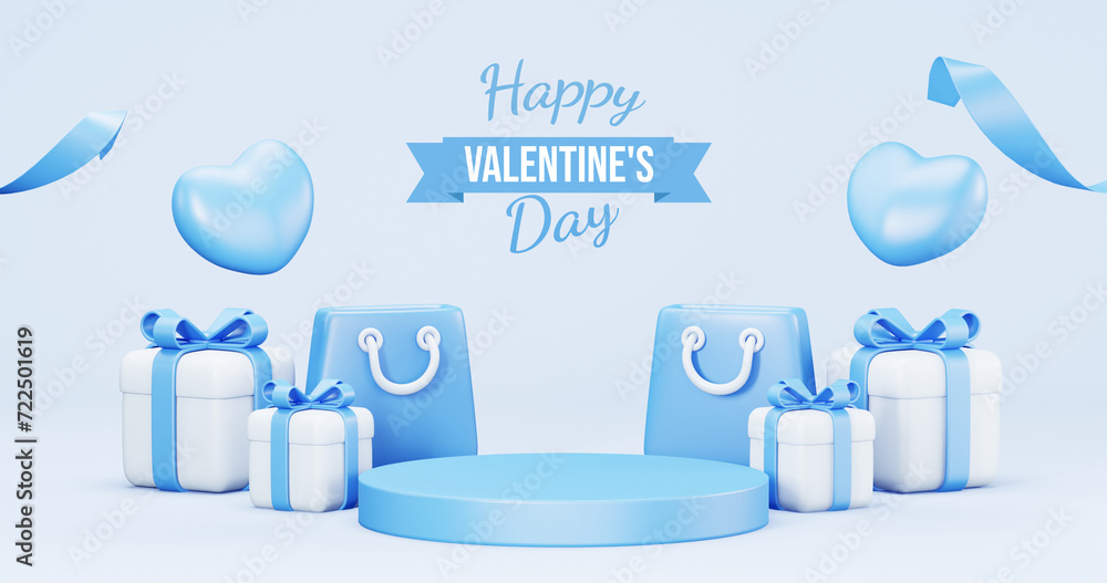 Valentine's Day interior, balloons. Stand, podium, blue background with product display and Heart. Love greeting card, poster with blue gift boxes, presents - 3d rendering Valentine's Day interior, balloons. Stand, podium, blue background with product display and Heart. Love greeting card, poster with blue gift boxes, presents - 3d rendering