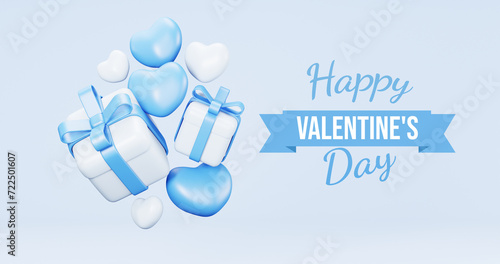 Valentine's Day interior, balloons. Stand, podium, blue background with product display and Heart. Love greeting card, poster with blue gift boxes, presents - 3d rendering photo