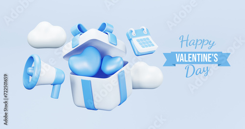 Valentine's Day interior, balloons. Stand, podium, blue background with product display and Heart. Love greeting card, poster with blue gift boxes, presents - 3d rendering