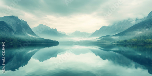 Tranquil mountain lake, a serene wallpaper capturing the reflection of majestic mountains in a calm lake. © Hunman