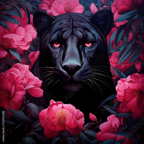 Panther peeks out from bushes with flowers