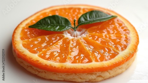  a close up of an orange slice with a leaf on the top of it on a white surface with a green leaf on top of it.