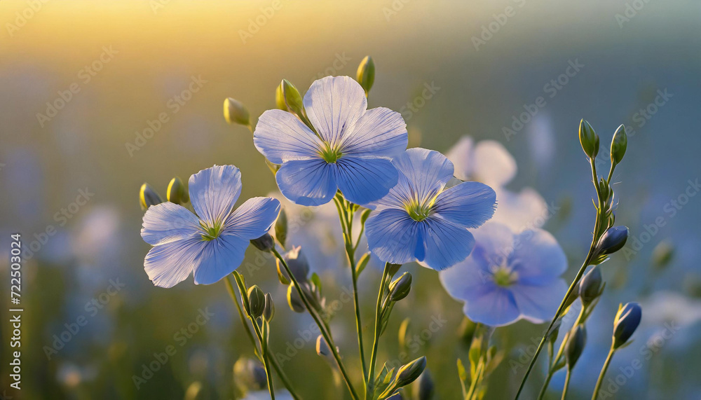 Błękitne kwiaty Lnu , złota godzina, tapeta, dekoracja. Generative AI - obrazy, fototapety, plakaty 