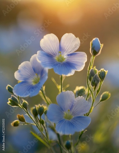 Błękitne kwiaty Lnu , złota godzina, tapeta, dekoracja. Generative AI