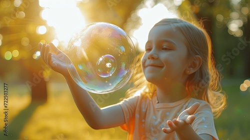 Happy children play with soap bubble in amusement summer park wallpaper background photo