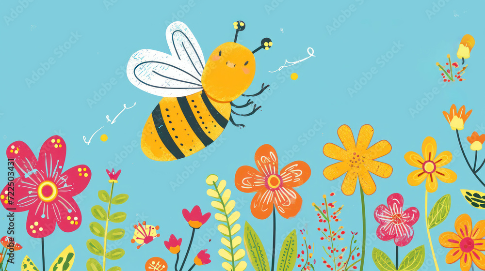  a drawing of a bee flying over a field of flowers with the word bee written in the middle of the picture.