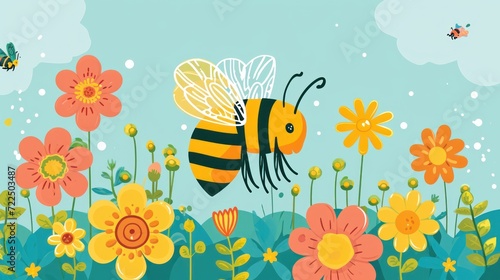  a painting of a bee flying in the air over a field of flowers and daisies with a bee on it.