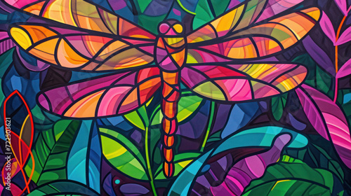  a painting of a dragonfly sitting on top of a green leafy plant in a multicolored background.