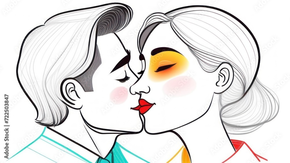 Pop Art couple kissing. Hollywood movies scene of true feelings between young people at first date. . High quality photo Pop Art couple kissing. Hollywood movies scene of true feelings between young people at first date. . High quality photo