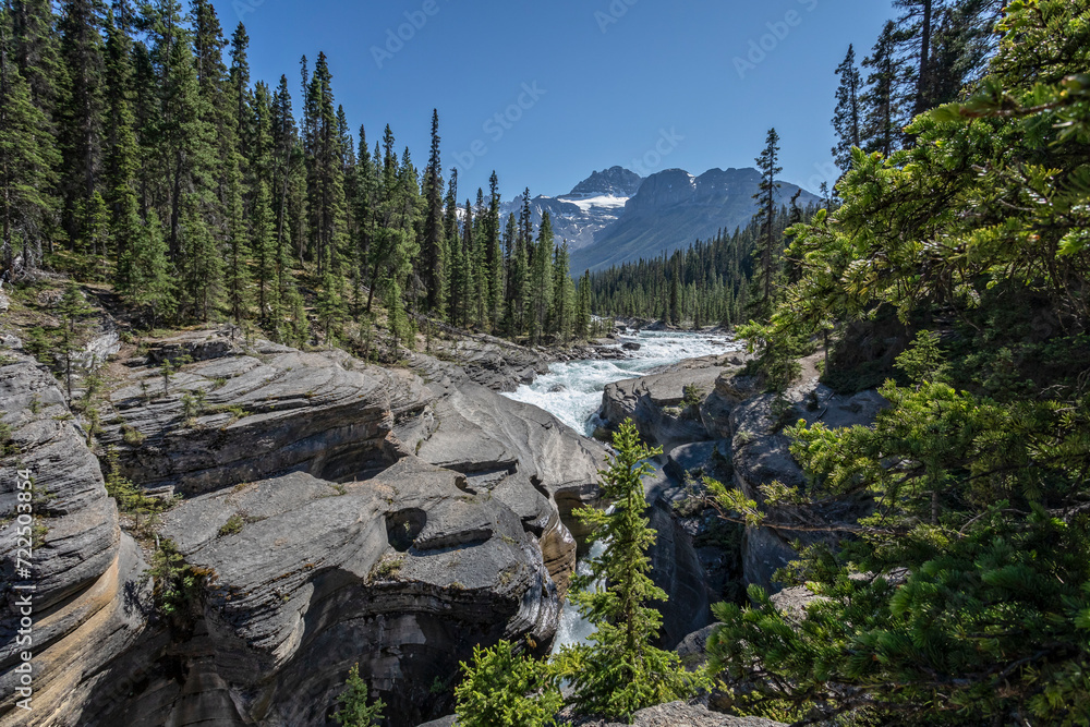 Fototapeta premium Glacial raging waterfalls in Mistaya Canyon with snow capped mountains in the background in Banff National Park in the Canadian Rockies,