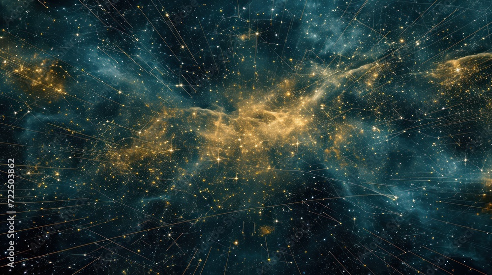 Fototapeta premium a very large cluster of stars in the middle of a space filled with lots of yellow and blue lightening.