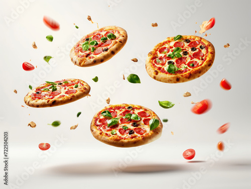 Imagem de publicidade de pizzas e seus ingredientes voando em um fundo infinito