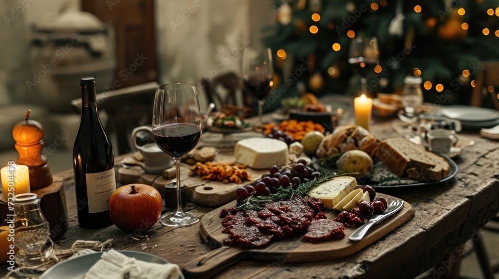  a wooden table topped with a plate of food and a glass of wine next to a bottle of wine and a glass of wine.