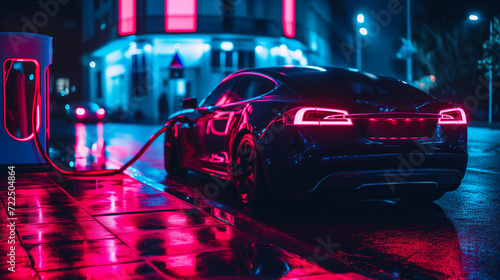 Electric car charging at night under neon light