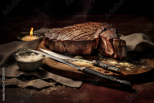 Juicy grilled steak on a cutting board with knife and fork