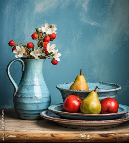  a blue vase filled with red and white flowers next to a plate with two pears and a bowl of fruit.