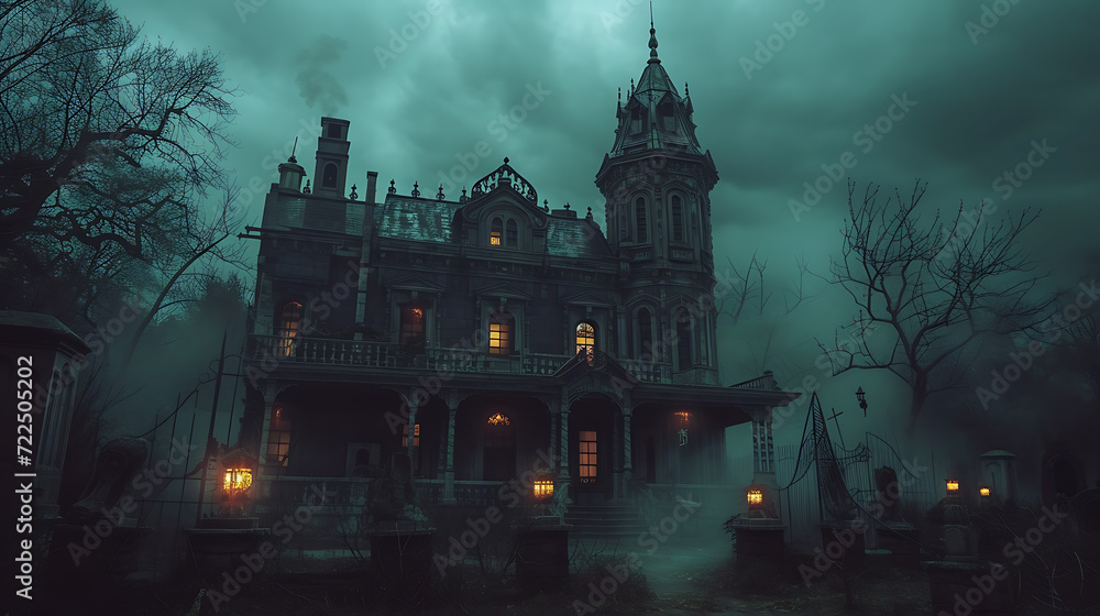 Step into the ethereal world of a spooky haunted house through misty corridors and flickering lanterns, as specters wander freely.