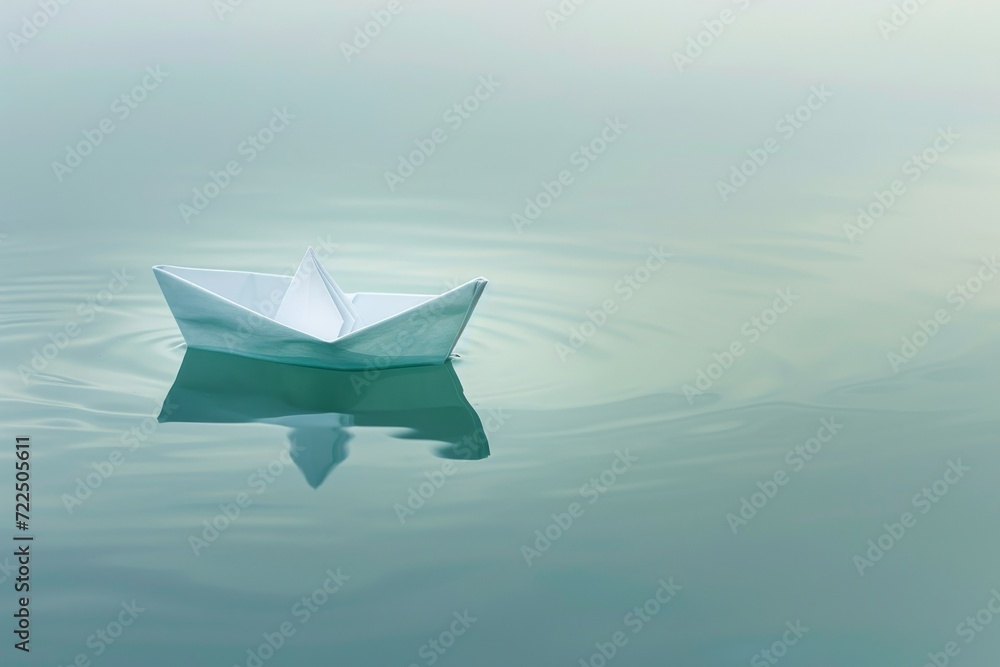 A serene lake mirrors a delicate origami boat as it gracefully glides through the peaceful waters