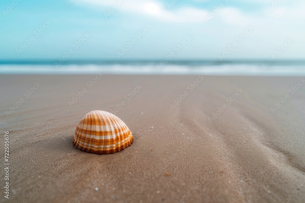 A solitary conch shell rests upon the sandy beach, a reminder of the intricate world of invertebrates that thrives beneath the vast ocean's surface, under the watchful sky A solitary conch shell rests upon the sandy beach, a reminder of the intricate world of invertebrates that thrives beneath the vast ocean's surface, under the watchful sky