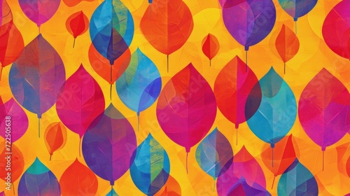  a painting of a bunch of colorful leaves on a yellow background with red  blue  green  and orange colors.