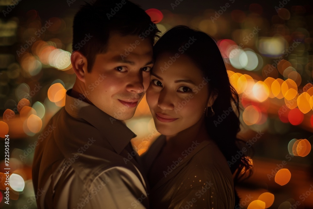 Two souls embrace under the moonlit sky, their faces aglow with love and joy, dressed in their finest attire, capturing a moment of pure happiness and connection in a single photograph Two souls embrace under the moonlit sky, their faces aglow with love and joy, dressed in their finest attire, capturing a moment of pure happiness and connection in a single photograph
