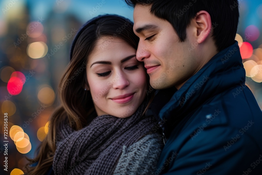 Fototapeta premium A couple's love blooms in the chilly winter air as they embrace, their faces radiating pure joy and affection