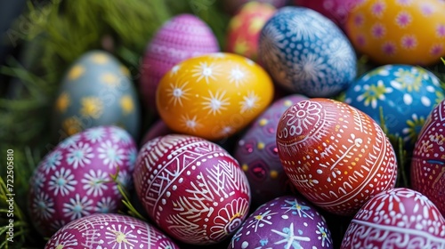  a pile of colorfully decorated eggs sitting on top of a grass covered field next to a pine tree with snowflakes on them.