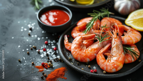 Shrimp appetizer in sauce. Seafood dish on a dark background.