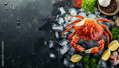 Cooked crab with vegetables. Delicacy dish on a dark background.