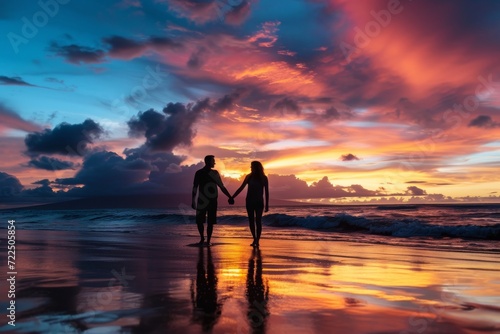 Two lovers stand in awe as the afterglow of the sunset reflects on the tranquil ocean waves, creating a breathtaking silhouette against the vibrant evening sky on the horizon of the peaceful beach