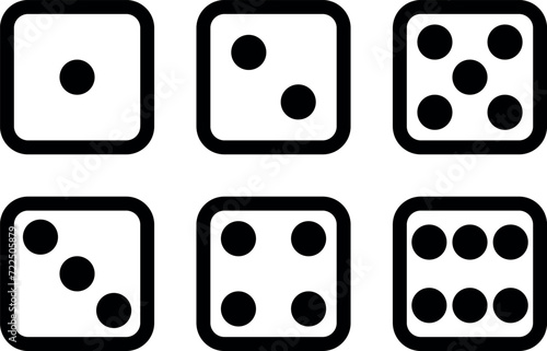 Dice icon set. Dice from 1 to 6. Simple vector illustration. Transparent background, black lines.