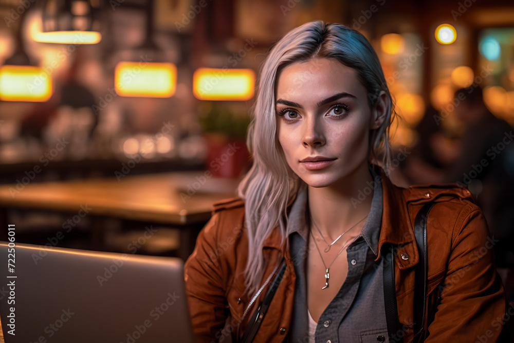 woman using a laptop in a warmly lit, cozy bar environment, ai generative