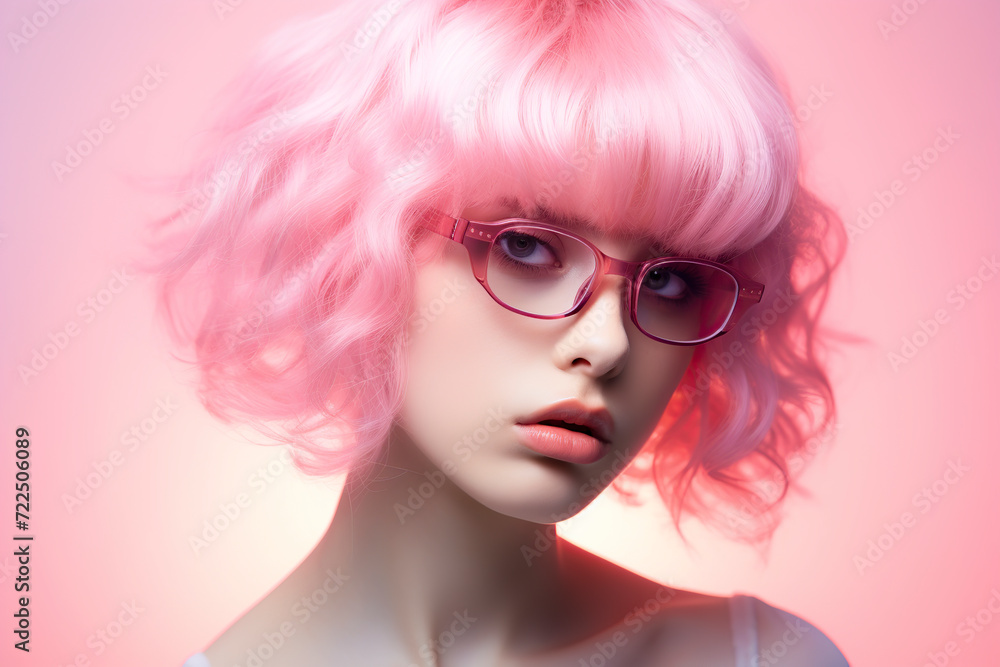 woman with pink hair and sunglasses, is set against a vibrant pink background, ai generative