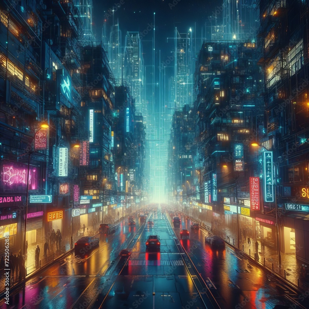 Night city street with glowing lights of houses and cars, cyberpunk style Night city street with glowing lights of houses and cars, cyberpunk style