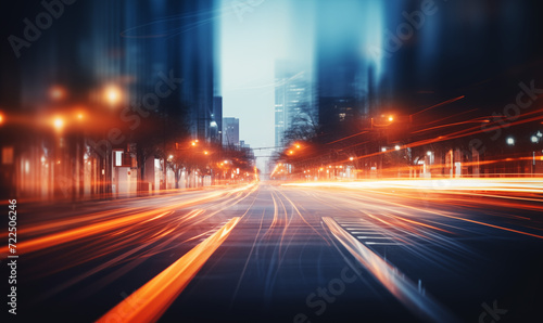 light trails from cars against the background of a building in the evening city