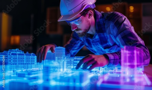 Architect man with safety helmet and 3d virtual construction project