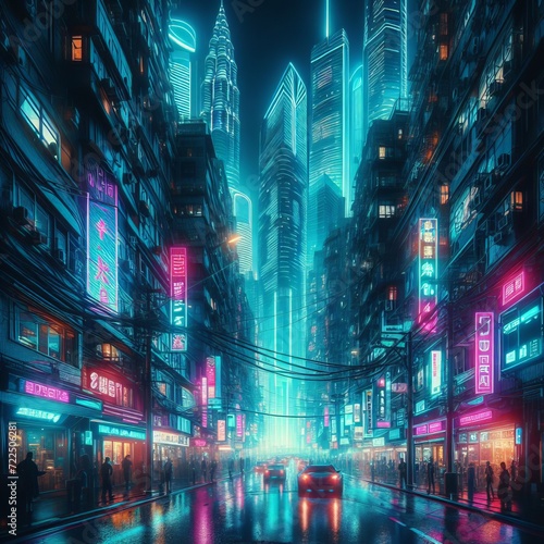 Night city street with glowing lights of houses and cars, cyberpunk style